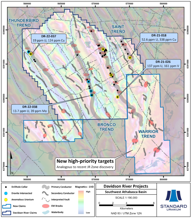 Figure 2. Overview of the Davidson River Project highlighting conductive corridors, interpreted faults, and prospective results intersected to date with first vertical derivative magnetics in the background.