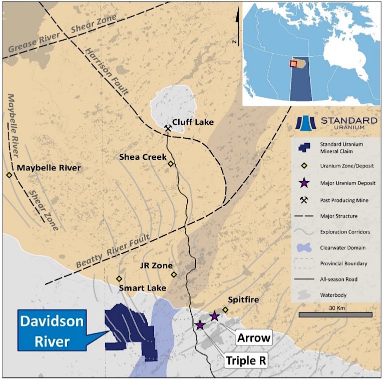 Figure 1. Overview of the Southwest Athabasca Uranium District highlighting Standard Uranium’s flagship Davidson River project and regional geological relationships to known high-grade uranium deposits. Davidson River contains more than 70 km of prospective conductor corridors that link to known uranium mineralization in the region.