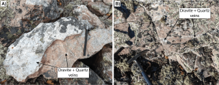 Photo 7. A) Dravite-kaolinite alteration at surface within a quartz breccia outcrop proximal to surface mineralization in the Skye target area. B) Dravite alteration within a faulted sandstone outcrop in the Haven target area.