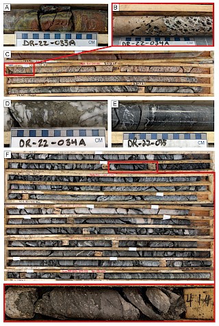 Photo 3. Core photos of structural zones from the Phase III summer drill program. A) Graphitic breccia hosting a hematite and limonite redox front in DR-22-033A. B&C) DR-22-034A unconformity contact with argillized basement hosting elevated boron. D) Quartz-flooded fault zone with anomalous Mo, Cu, and Co in DR-22-034A. E) Graphitic mylonite zone in DR-22-035 with anomalous Mo and S. F) Lenses of graphitic faulting in DR-22-036 with massive quartz veining hosting elevated boron and uranium.