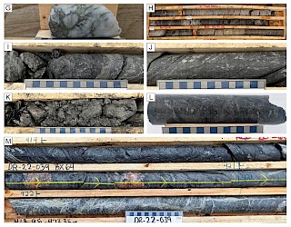 Photo 3 continued. Core photos of structural zones from the Phase III summer drill program. G) sulphide-rich quartz veining proximal to significant shear zone in DR-22-036 hosting anomalous Co, Cu, and Mo. H) Graphitic shear with anomalous U, Mo, and Cu in DR-22-037. I&J) Strong graphitic cataclastic shear in DR-22-037. K) Graphitic clay-altered shear zone in DR-22-038 with 5.87 ppm U. L) Anomalous B, Co, and Cu within a brittle reactivated graphitic shear zone. M) Brecciated graphitic high strain zone in DR-22-039.