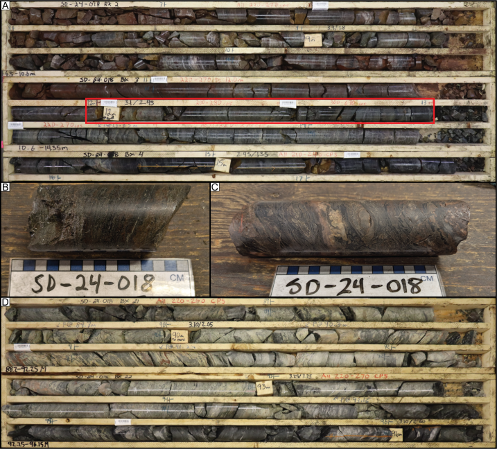 Figure 1. High-grade uranium occurrences and EM-conductors present on the Sun Dog Project, including the recent discovery hole (M24-017) along strike on Fortune Bay’s Murmac Project.